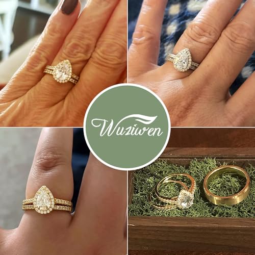 Wuziwen 3Ct Pear Cut Wedding Band Bridal Ring Set for Women Engagement Gold Ring 925 Sterling Silver AAAAA CZ2
