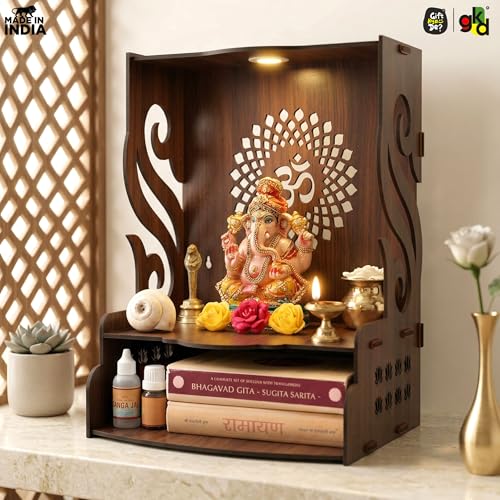 Image of Gift Kya De Wooden Temple for Home Pooja with LED Light | Swan Design Mandir for Wall /Table Top | Home Temple with Om Carving | Pooja Mandir for Living Room, Office Decor (15 x 12 x 9 Inch, Brown)