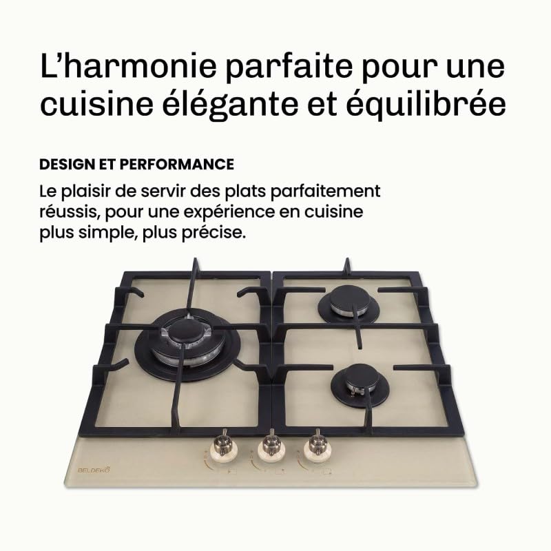 BELDEKO Plaque Gaz 3 Feux 6200W Beige Grilles Fonte - Marque Française