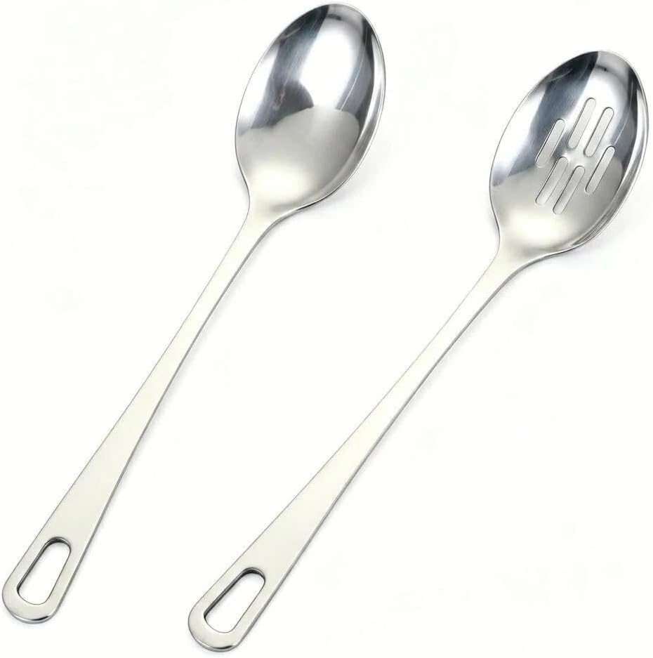 2 Pack Stainless Steel Serving Spoons Set, Heavy Duty Solid and Slotted Cooking Spoons, 13” Long Heat-Resistant Kitchen Spoons for Soup, Pasta, Stirring, Frying, Dishwasher Safe