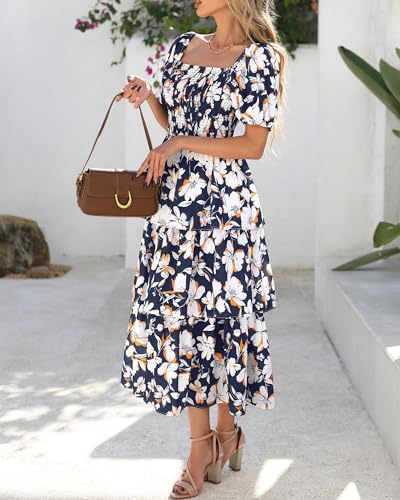 Image of BTFBM Womens Floral Smocked Summer Maxi Dresses | Square Neck Puff Short Sleeve Ruffle Tiered, 2026 Trendy Casual Sundress, Cruise Holiday Beach Vacation Wedding Guest Dress