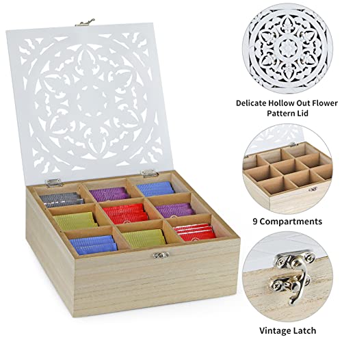 Moligou Wood Tea Bag Organizer, Tea Storage Box With Floral Pattern Lid, 9 Compartments, Tea Bag Holder For Cabinet, Pantry #TOP3