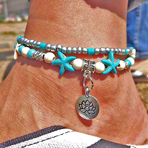 Image of Softones Blue Starfish Turtle Anklet Multilayer Charm Beads Sea Handmade Boho Anklet Foot Jewelry for Women