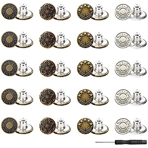 20 Pcs Buttons for Jeans, Pant Waist Tightener, Button Replacement Snap, Adjustable Button, Instant Jean Button Pins for Pants, Simple Installation, No Sew and Reusable, with 1 Pcs Screwdriver Cover
