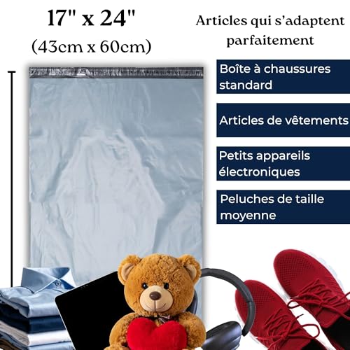Lot de 10 Sacs d’Expédition Plastique Gris 43x60 cm – Enveloppes Colisopaques Résistantes et Imperméables avec Fermeture Auto-Adhésive – Sachets d’Envoi Vêtements et Colis – vue 3