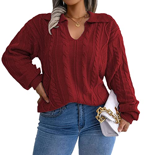 Image of Plus Size Sweaters for Women Polo V Neck Chunky Cable Knit Pullovers 1X-5X