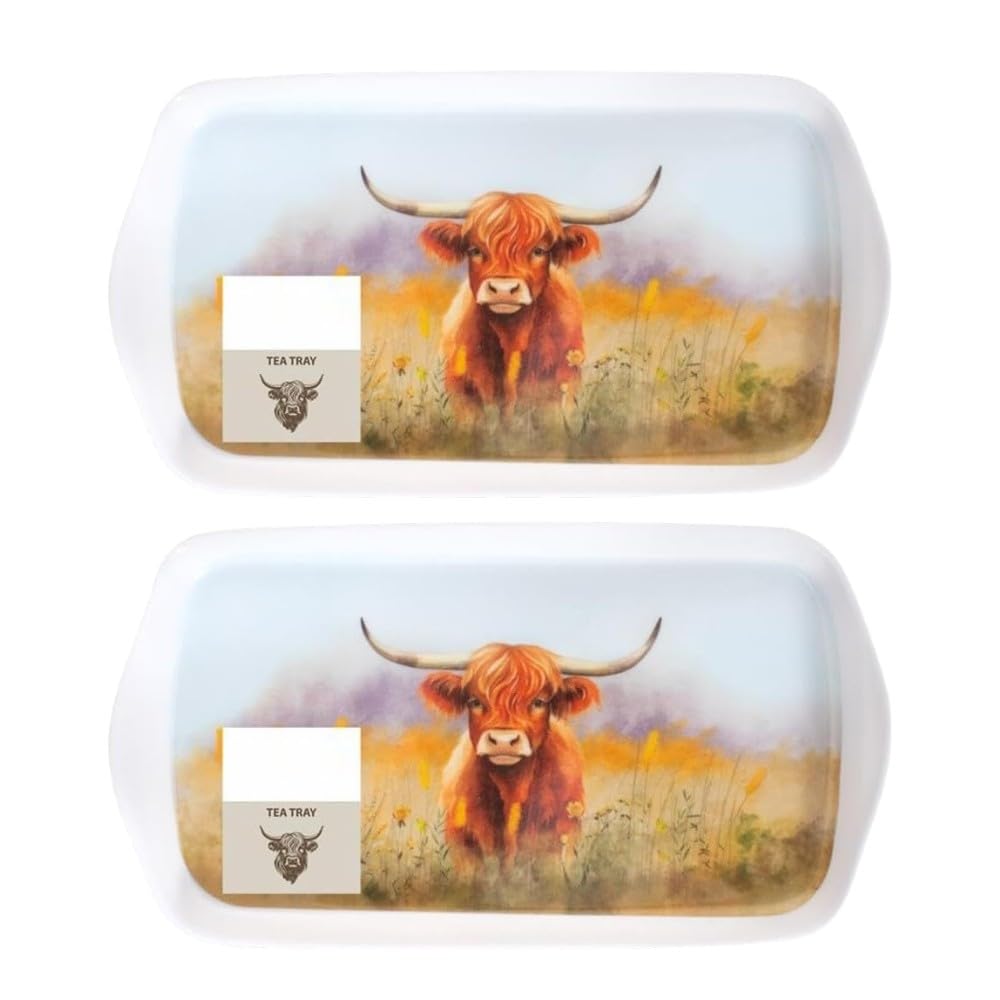 Shop4allsorts Multicolor Set Of 2 Highland Cow Tea Serving Trays - Small Plastic Tea Tray For Tea & Coffee - Home Kitchen Serving Platter - 26Cm X 14Cm