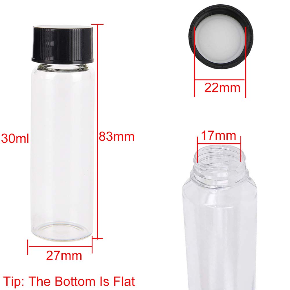 25 Pezzi Bottiglie di Vetro Trasparente 30 ml, Fiale di Vetro, Piccola Bottiglia per Campioni con Tappo Nero a Vite in Plastica Contenitore Trasparente per Fiale da Laboratorio