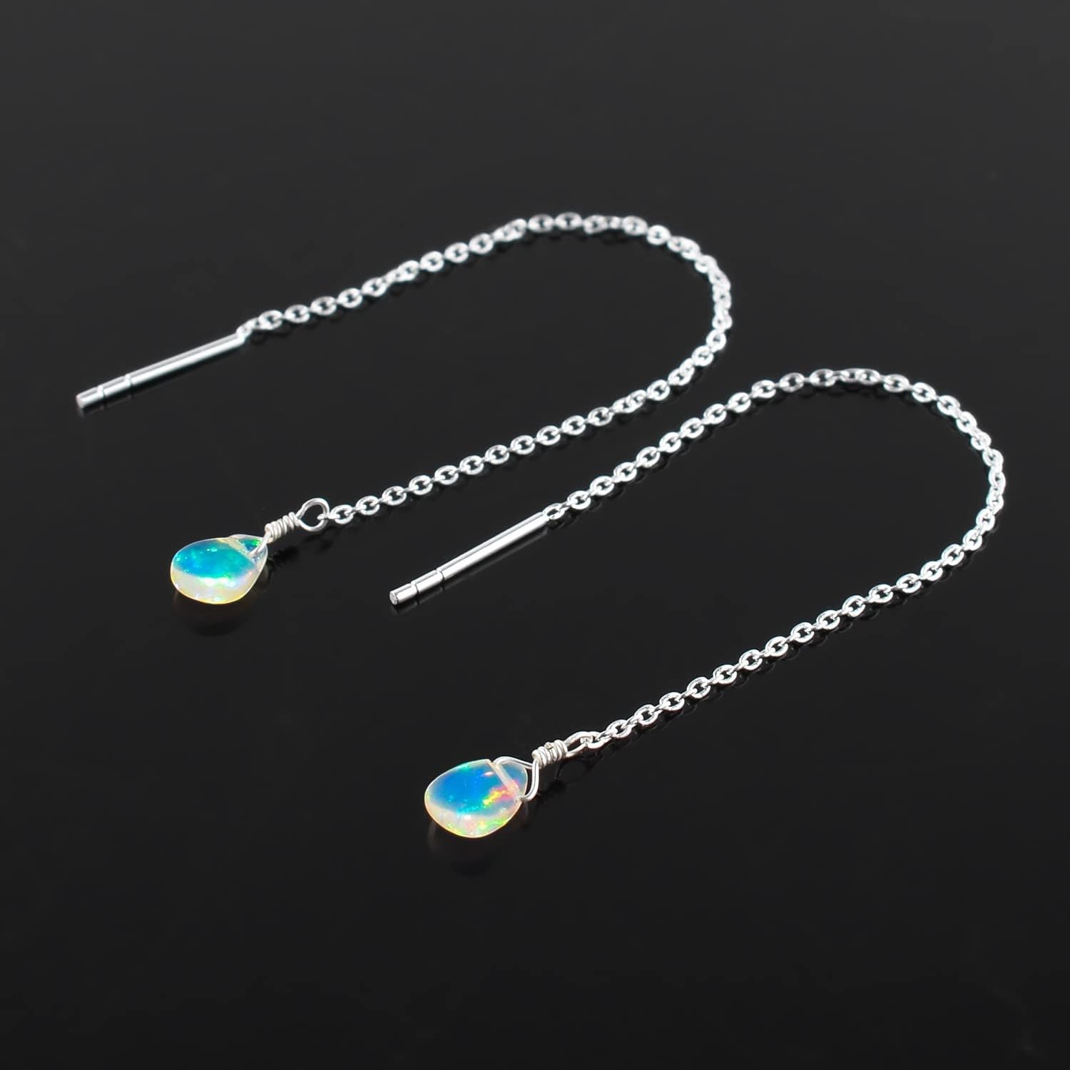 Natural Ethiopian Opal Stone Dainty Earrings, Opal Gemstones, Minimalist Jewelry, Dangling Earrings, Silver Plated, October Birthstones, Earrings for Women & Girls