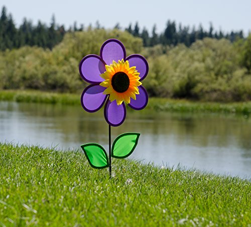 In The Breeze 12 Inch Purple Sunflower Wind Spinner With Leaves - Includes Ground Stake - Colorful Flower For Your Yard And Garden #TOP1