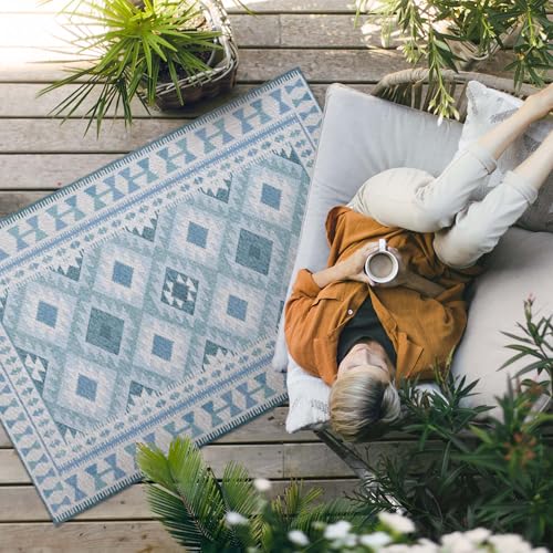 Tapis d'extérieur losanges bleus rectangle 60x90cm PVC terrasse - 3