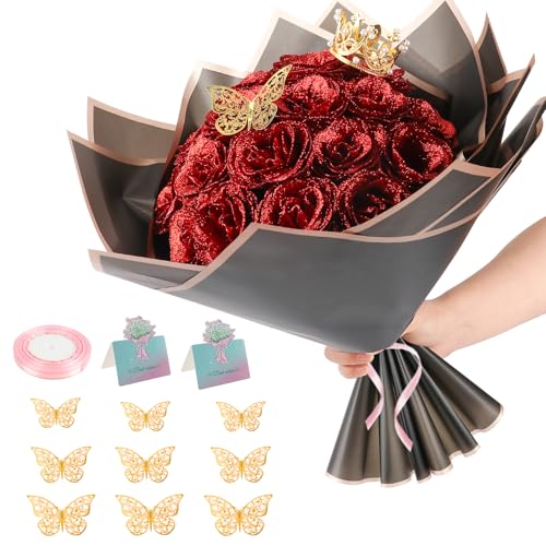 iMXPW Glitter Roses Bouquet, 24 Roses DIY Fake Glitter Flowers Bouquet, Everlasting Shiny Artificial Red Rose Bouquet for Mothers Day Gifts, Anniversary, Engagement, Wedding (Red)