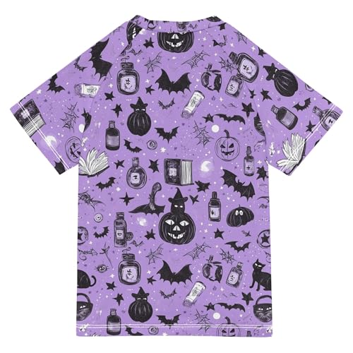 Halloween Pumpkin Cat Witch Cute Esoteric Spooky Girls Bathing Suit Sun Protection T Shirts Swimwear Beach Tops 3T2