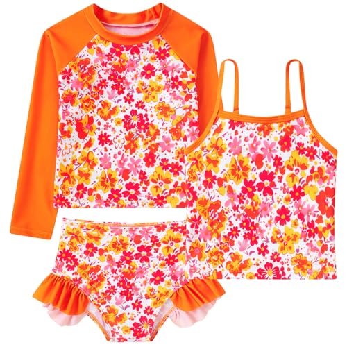 Image of Funnycokid Girls Swimsuit 3 Pieces Long Sleeve Rash Guard Set Tankini Bathing Suits Summer Kids Swimwear 3-10 Years