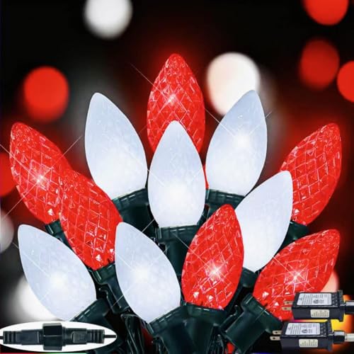 EXF 2 Pack Linkable C9 Christmas Lights Outdoor 66 FT 100 LED Red and White