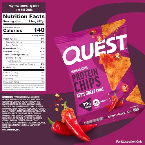 Image of Quest Nutrition Spicy Sweet Chili Tortilla Chip, 19g Protein, 4g Net Carb, High Protein Low Carb, Gluten Free, 1.1 oz (Pack of 12)