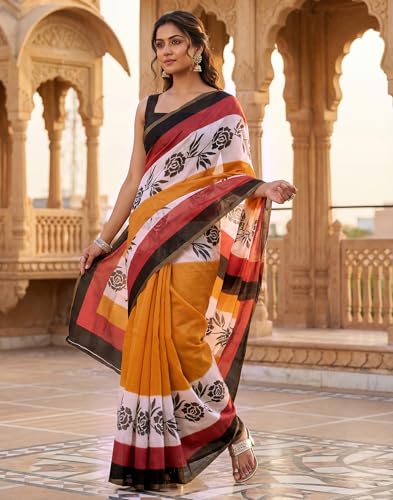 Image of SIRIL Women's Printed Cotton Linen One Minute Ready to Wear Saree With Unstitched Blouse Piece