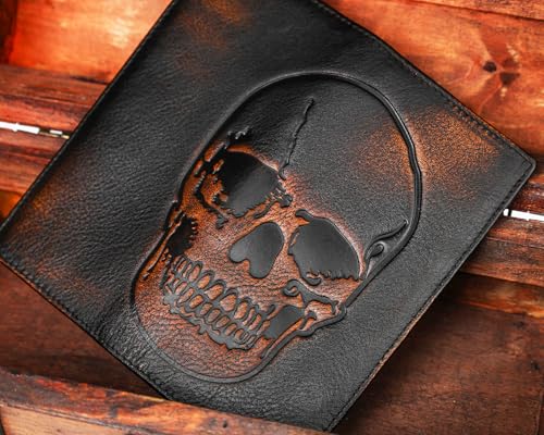 Image of DK86 Skull Long Wallet For Men Full Grain Leather with Hand Burnished Rfid Blocking Rodeo Wallet Bifold Wallet Skull Wallet