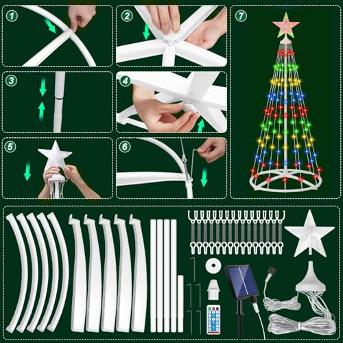 IDEAALS 4FT 118LED Outdoor Solar Christmas Cone Tree Lights, 8 Modes Timer Remote RGB Christmas Tree Lights with Star Topper for Xmas Yard Porch Patio Holiday Decor — view 4
