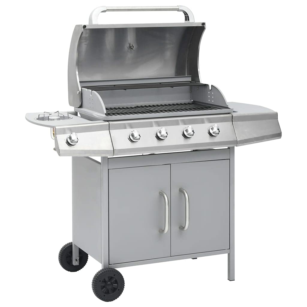 Barbecue a gas 4+1 in acciaio inox con bruciatore laterale e mobiletto inferiore, carrello con coperchio, termometro e vaschetta raccogligrasso per terrazza e giardino