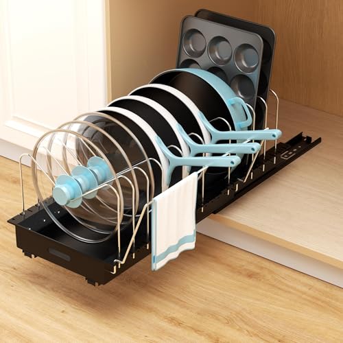 Pots and Pans Organizer Under Cabinet – 22″ Deep Expandable | Pot Organizers inside Cabinet with 10 Adjustable Dividers & Handrail, No Drill Pot Lid Holder, Sliding Pot Lid Holder, 1 Pack