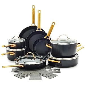 GreenPan Reserve Hard Anodized Healthy Ceramic Nonstick, 16 Piece Cookware Pots and Pans Set, Gold Handle, PFAS-Free, Dishwasher Safe, Oven Safe, Black