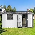 YOPTO 10x12 FT Outdoor Storage Shed,Oversized Metal Waterproof Tool Sheds,Heavy-Duty Unit with Window,Door and Vents,for Storing Bicycles,Lawnmowers,Barbeques,White+Grey