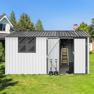 YOPTO 10x12 FT Outdoor Storage Shed,Oversized Metal Waterproof Tool Sheds,Heavy-Duty Unit with Window,Door and Vents,for Storing Bicycles,Lawnmowers,Barbeques,White+Grey
