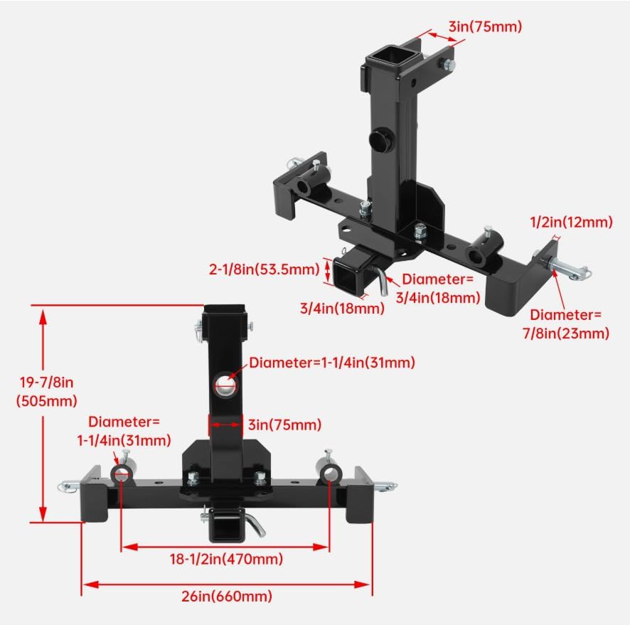 3 Point Receiver Trailer Hitch Attachment for Cat 1 Tractor Tow Drawbar Adapter