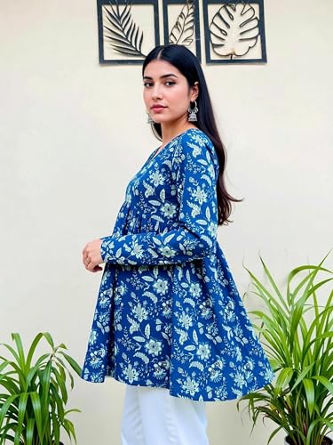 Image of Women's Rayon Floral Printed A-Line Tunic Top | Stylish Casual Wear | V-Neck Long Sleeve Kurti Top