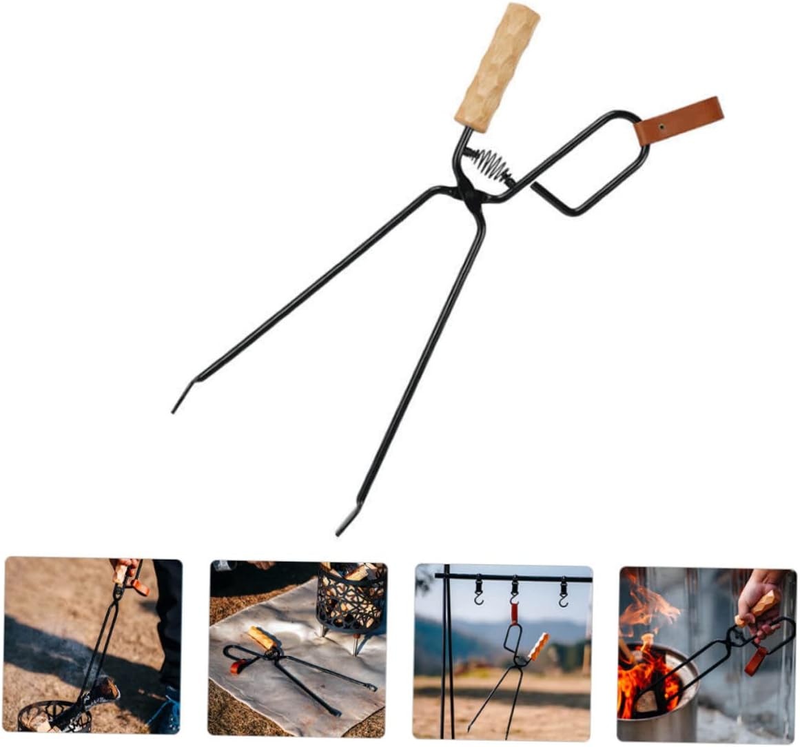 HEMOTON Iron Firewood Tong Wooden Handle for Outdoor BBQ Long Charcoal Clamp for Camping Heat Resistant for Grilling and Fire Pit Use