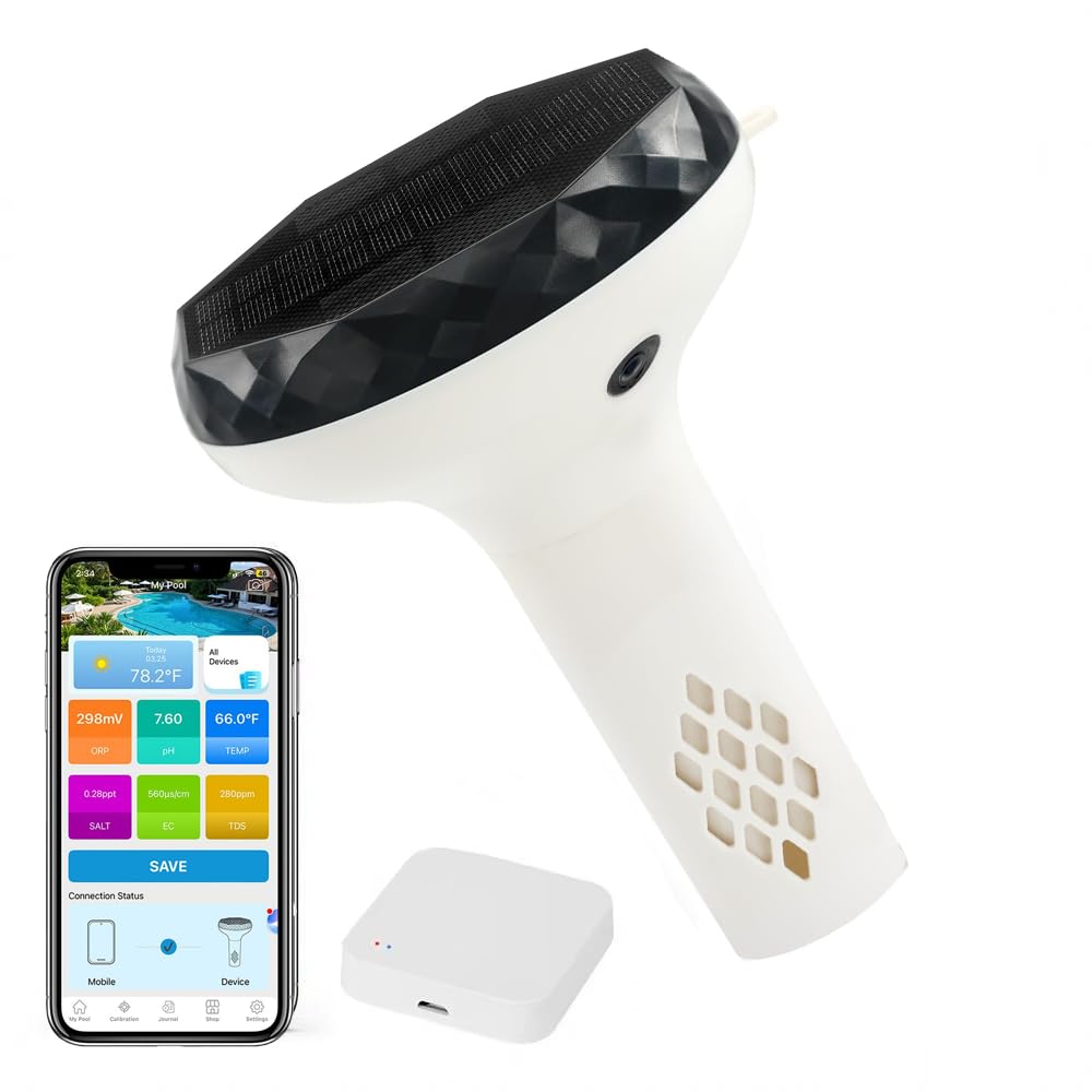 Solar Pooltester 6-in-1 Smart Wassertester mit WLAN-Box – pH, Salz, EC, ORP, TDS, Temperatur – Schwimmender Solar-Wasserqualitätstester für Pool, Spa & Whirlpool