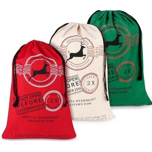 Christmas Gift Bags Santa Sack,3 Pcs 27 x 19Inch Christmas Large Canvas Gift Bag with Drawstring for Holiday Party Supplies,Reusable Personalized Santa Gift Sacks for Xmas Prensent Package X