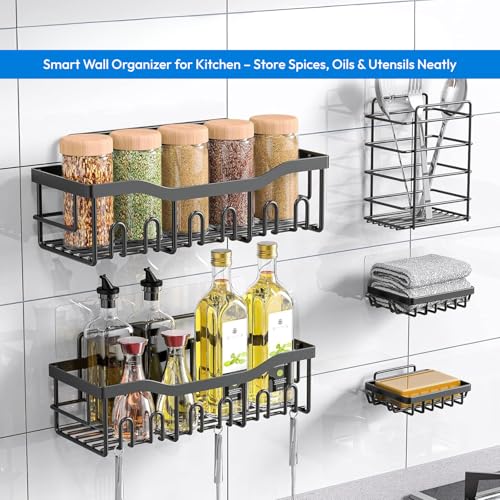 Image of Zulaxy 5 in 1 Self Adhesive Bathroom Shelf Organizer with Soap Holder | Multipurpose Storage Rack Combo for Bathroom & Kitchen | No Drill, Rustproof, Stainless Steel and Waterproof (Set of 5, Black)