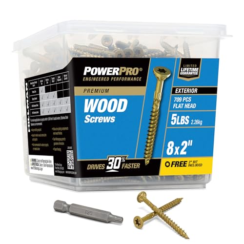 Power Pro Exterior Wood Screws, #8 x 2in, 5lb Box, 709 Pieces, Br...