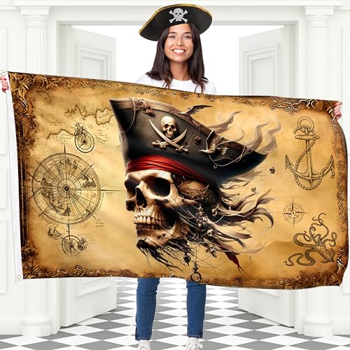 Pirate Flag Jolly Roger Flag with Pirate Map - 100Den polyester Double Seam - 2 brass eyelets large 5ft x 3ft