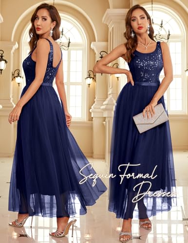 Image of BeryLove Sequin Dress for Woman Vintage A Line Wedding Formal Swing Mesh Dress Sleeveless Cocktail Maxi Gowns