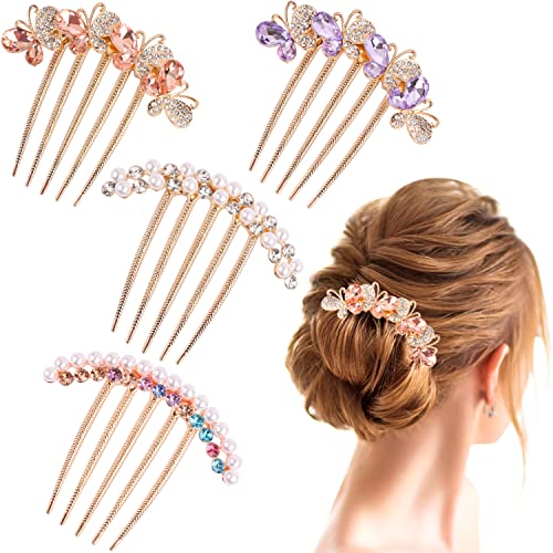 4 Pcs Pearl Rhinestones Hair Side Combs for Women Accessories, Crystals Butterfly Hair Fork Clip for Updo Bun, Decorative Hair Combs Teeth Hair Pin for French Twist Women Girls Vintage Hair Styling Accessories