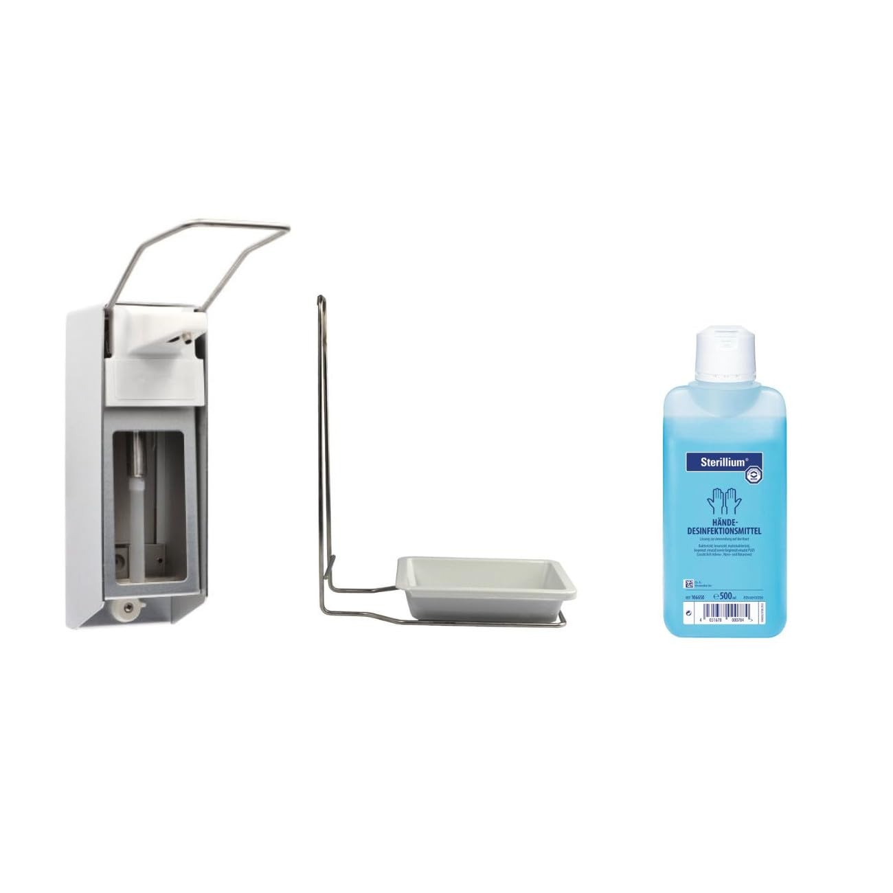 Medi-Inn Wandspender Aluminium Langer Armhebel für 500 ml Euroflaschen + Medi-Inn Tropfschale mit Edelstahlgehäuse + Bode | Hartmann Sterillium 500 ml