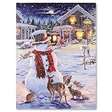 LED Wandbild Beleuchtung 30x40 cm Bescherung Schneemann 3 LED Fotodruck Kunstdruck Leuchtbild Weihnachten Batterie Timer 20 Glasfiber Effekt-LED Weihnachtsabend