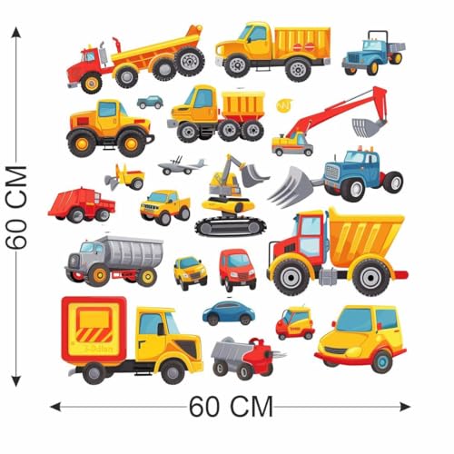 Image of Construction Vehicles Wall Sticker for Ki-ds | Self Adhesive Cartoon Truck, Excavator & Dump Truck PVC Wall Decal for Bedroom, Nursery & Playroom