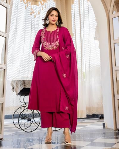 Image of KLOSIA Women's Embroidered A-Line Kurta Set with Dupatta | Floral Embroidery Ethnic Suit Set | Kurta Pant Set for Women | Festive, Wedding