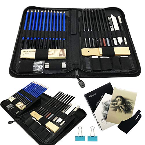 Sketch Pencils Set with 2 Sketchbook, LGCBO 44-Piece Professional Sketching and Drawing Pencil Set ?Complete Artist Kit Includes Graphite Pencils, Erasers,Charcoal Stick? A Handy Case etc.