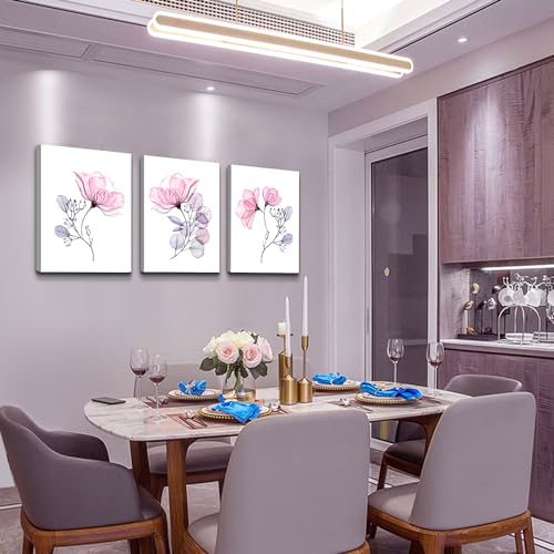 DZRWUBHS Frame Canvas Wall Art For Bedroom Wall Decor For Living Room Kitchen Wall Decoration Pink Flowers Wall Paintings Office Wall Pictures Print Artwork Room Mural Home Decor 16x24 3 Pieces