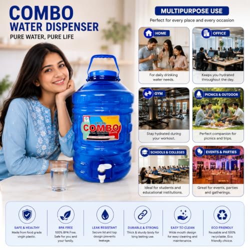Image of PLAMO Water Dispenser Jar with Tap | BPA Free Plastic Water Storage Container | Leak-Proof Portable Water Jug for Home, Office, Kitchen, Camping & Outdoor Use | Assorted Colors (Blue)