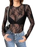 Zeagoo Hauts Transparents Femme T Shirt en Maille à Manches Longues Top Sexy Blouse Sheer Mesh Elastique Chemise Tulle Tenue de Moulante pour Soirée Club