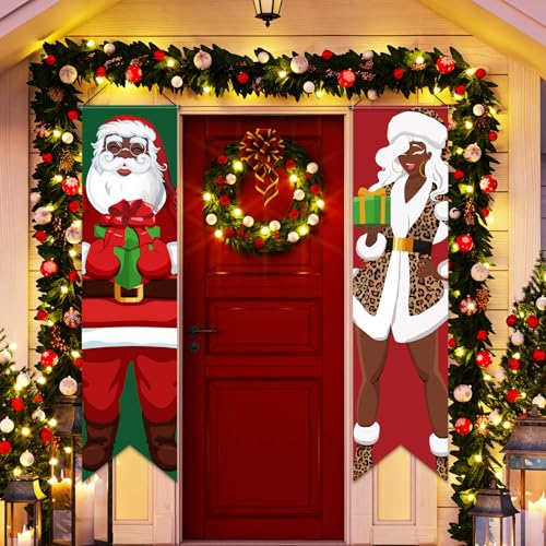 Blulu 2 Pack Christmas Porch Banners African American Christmas Porch Signs Black Santa Xmas Porch Sign Banners for Winter Holiday Party Indoor Outdoor Front Door Wall Yard Hanging Decorations