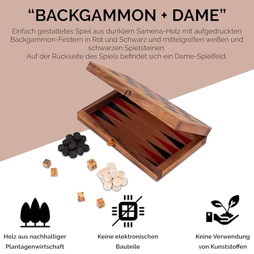 Backgammon + Dame Gr. M - aus Holz mit klappbarem Spielbrett 31 x 25 cm und rot/schwarzen Backgammon-Feldern