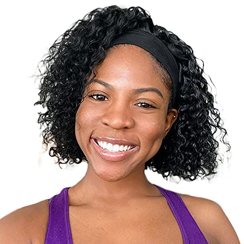 Qian Ai 1B Curly Wave Headband Wigs Natural Human Hair No Lace Front Sport Wig Baby Hair 150% Density Brazilian Virgin Hair Wigs (14 Inch, Curly)
