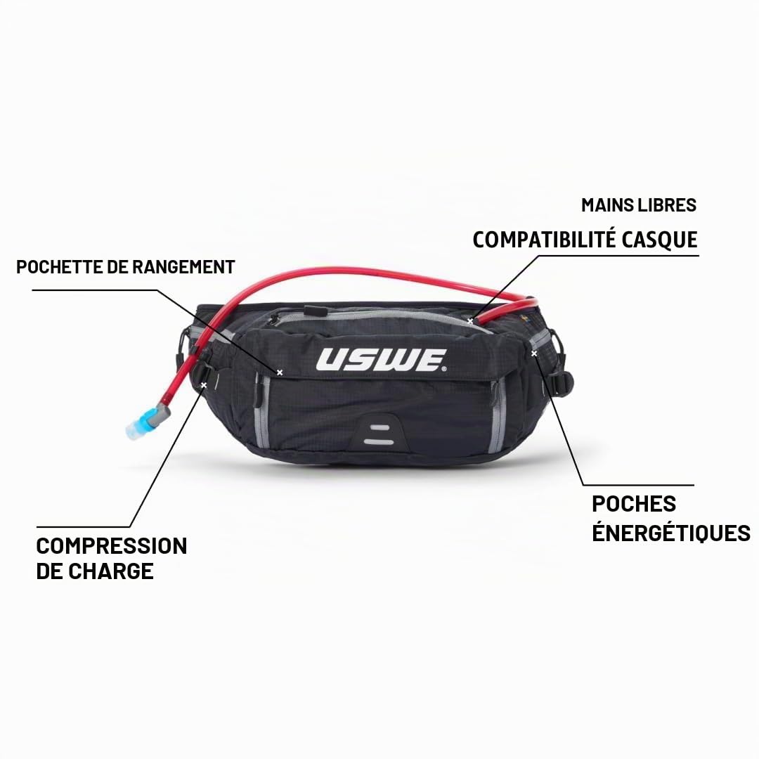 USWE Zulo Sac d'hydratation avec organiseur et poches latérales, ceinture anti-rebond (noir carbone, 6 L)